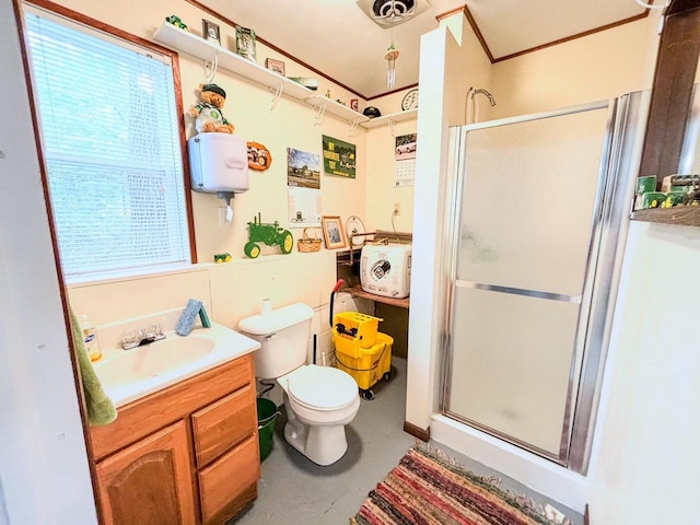 bathroom featuring concrete floors, vanity, toilet, and walk in shower