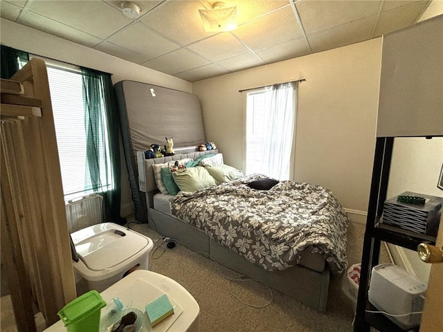 bedroom featuring carpet flooring and a drop ceiling