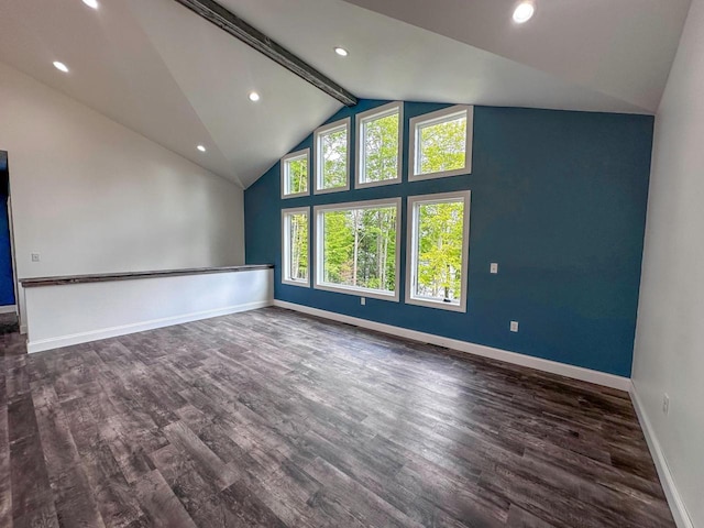 interior space with high vaulted ceiling, dark hardwood / wood-style floors, and beam ceiling