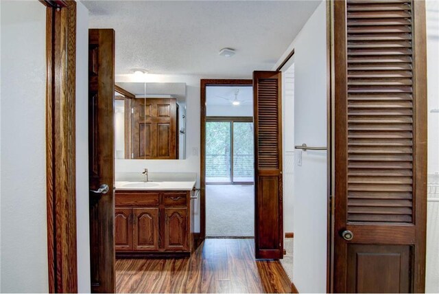 bathroom featuring a textured ceiling, vanity, and hardwood / wood-style floors