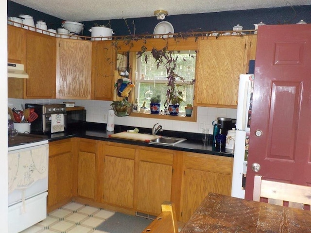 7112 Zielsdorf Dr, Webster, WI 54893 - kitchen featuring under cabinet range hood, a sink, decorative backsplash, white range with electric cooktop, and dark countertops