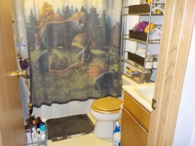 bathroom featuring vanity, toilet, and a shower with shower curtain