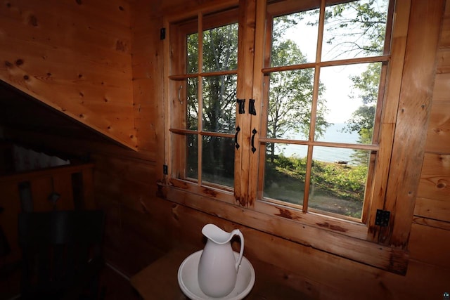 bathroom featuring plenty of natural light and wood walls