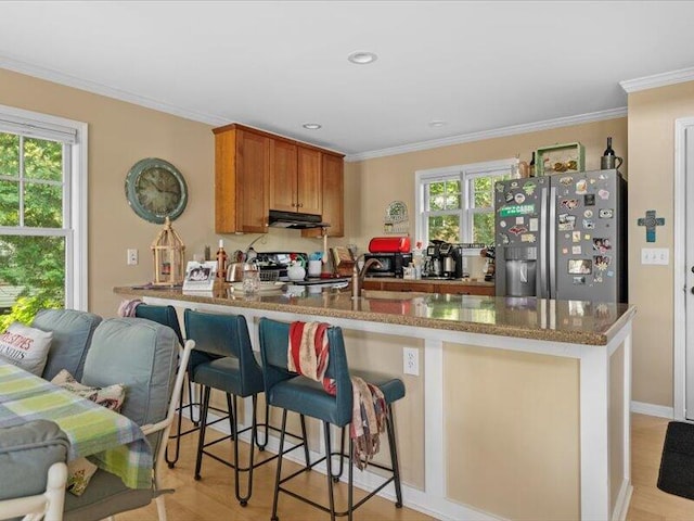 kitchen with light hardwood / wood-style flooring, crown molding, stainless steel appliances, kitchen peninsula, and stone counters