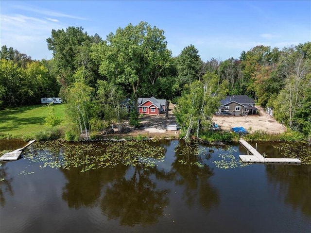 exterior space with a water view