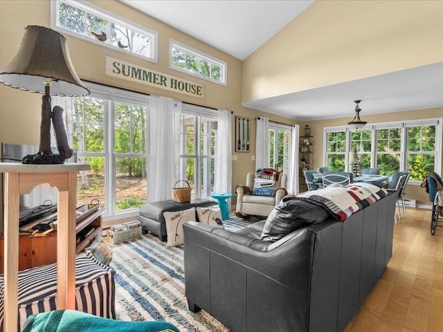 living room featuring light wood-type flooring and high vaulted ceiling