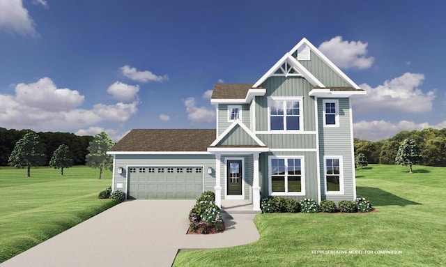 craftsman house with a garage and a front lawn