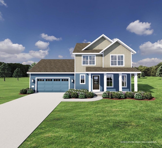 view of front of property with a garage and a front lawn