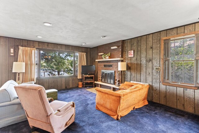 W11585 Demynck Rd, Lodi, WI 53555 - carpeted living area featuring a brick fireplace and wooden walls