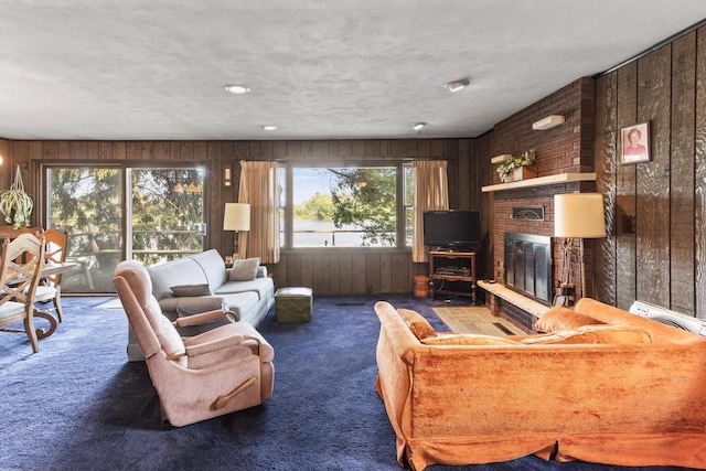 W11585 Demynck Rd, Lodi, WI 53555 - living room featuring wood walls, a brick fireplace, and carpet flooring