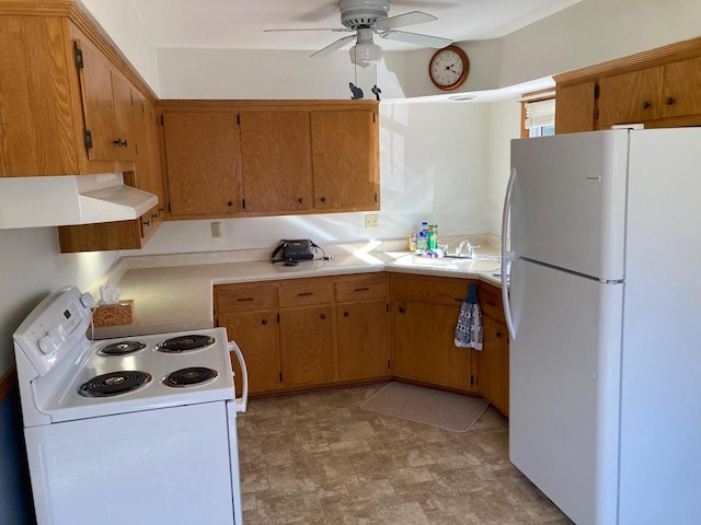 kitchen featuring white appliances, sink, and ceiling fan