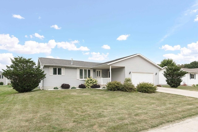 single story home featuring a porch, a garage, and a front lawn