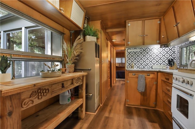 kitchen featuring backsplash, white range, a wealth of natural light, and dark hardwood / wood-style flooring