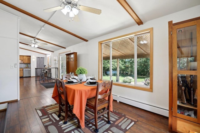 dining space featuring a baseboard radiator, ceiling fan, lofted ceiling with beams, and dark wood-type flooring