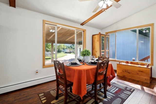 dining room featuring a baseboard radiator, ceiling fan, wood-type flooring, and vaulted ceiling