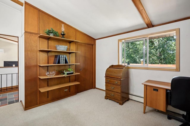 carpeted office featuring a baseboard heating unit, ornamental molding, and vaulted ceiling with beams