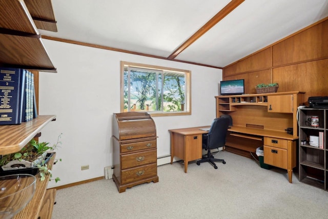 carpeted office featuring a baseboard radiator, vaulted ceiling, ornamental molding, and wood walls