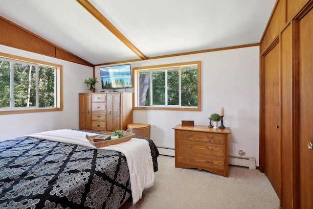 bedroom with vaulted ceiling, a baseboard radiator, light colored carpet, and a closet