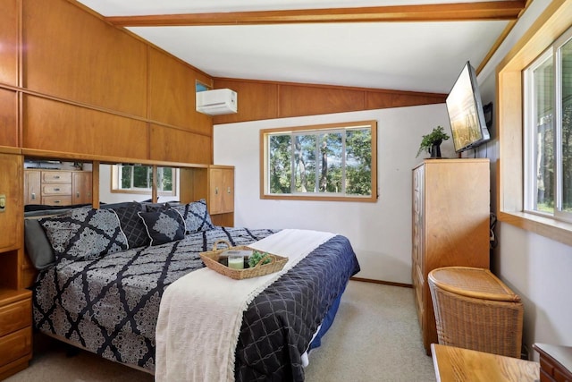 bedroom featuring vaulted ceiling, light carpet, a wall unit AC, and multiple windows