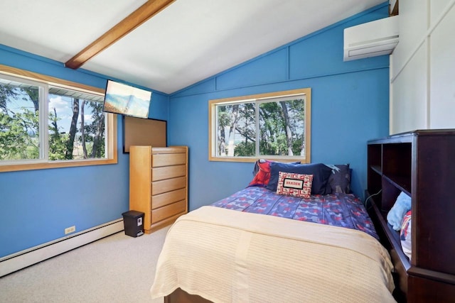 bedroom featuring a baseboard radiator, vaulted ceiling with beams, carpet, and multiple windows