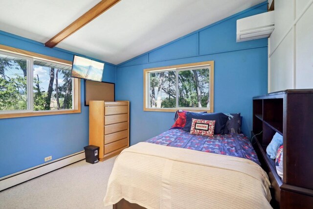 unfurnished bedroom featuring crown molding, a closet, a baseboard heating unit, vaulted ceiling, and light colored carpet