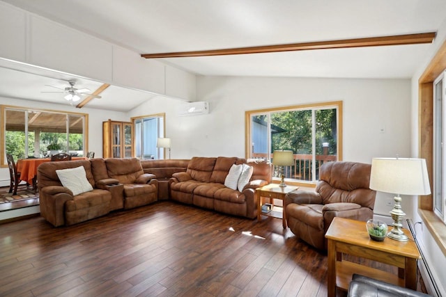 living room featuring a healthy amount of sunlight, ceiling fan, dark hardwood / wood-style flooring, and a wall mounted air conditioner