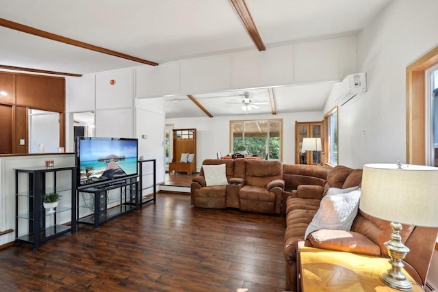 living room with a wall mounted AC, ceiling fan, dark hardwood / wood-style floors, and lofted ceiling with beams