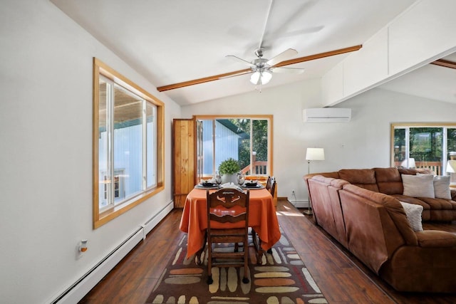 dining space with dark wood-type flooring, a wall unit AC, and plenty of natural light