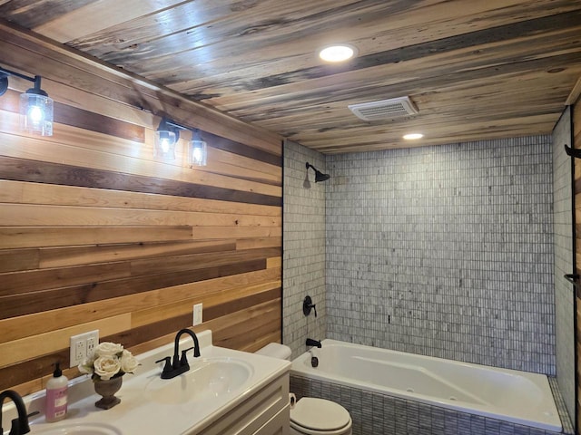 full bathroom featuring vanity, toilet, wooden walls, and wood ceiling