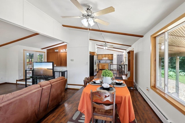 dining room with ceiling fan, a baseboard radiator, dark hardwood / wood-style flooring, and vaulted ceiling with beams