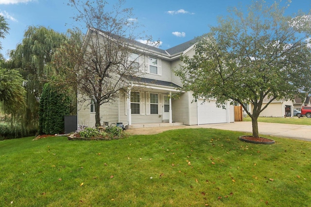 view of front of house with a garage, a front lawn, and covered porch