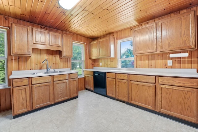 kitchen featuring wooden ceiling, black dishwasher, wood walls, and sink