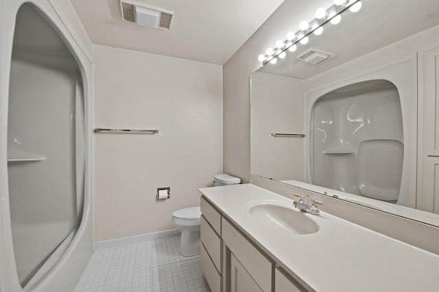 full bathroom featuring shower / bathing tub combination, vanity, toilet, and tile patterned floors