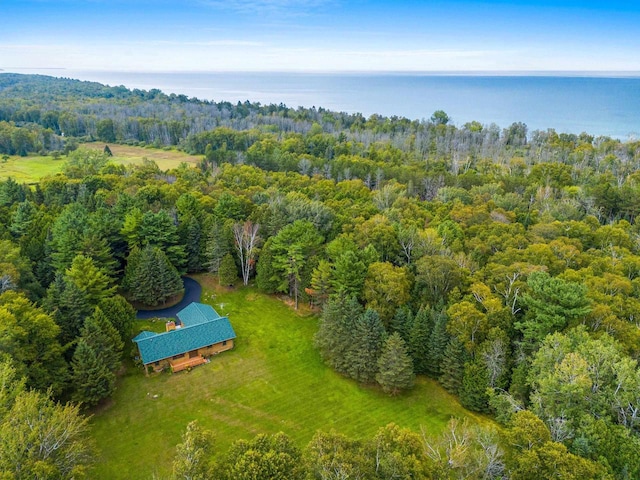 aerial view featuring a forest view and a water view