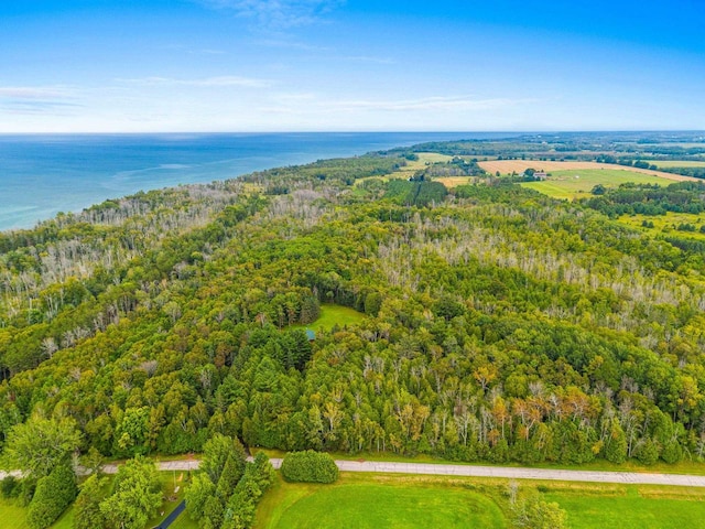 aerial view featuring a forest view and a water view