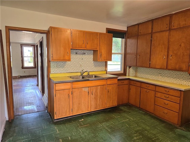 kitchen featuring backsplash, plenty of natural light, dark hardwood / wood-style flooring, and sink