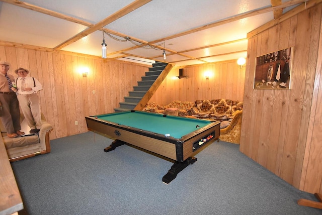 playroom featuring wooden walls, carpet, and pool table