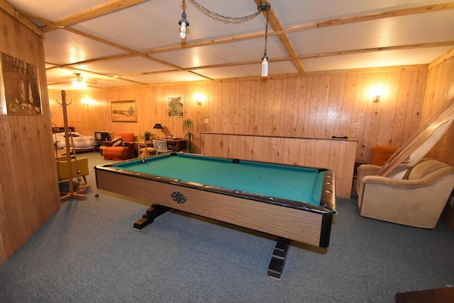 recreation room featuring wood walls, carpet floors, and pool table