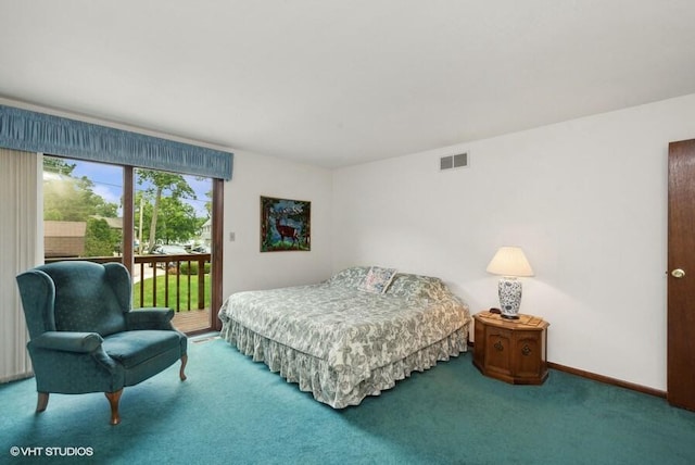 bedroom with access to outside, baseboards, visible vents, and carpet