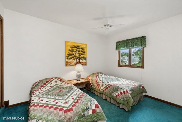 bedroom featuring ceiling fan, carpet, and baseboards