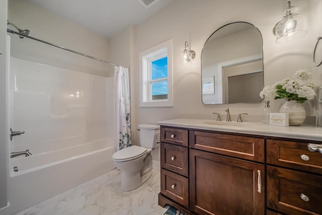 full bathroom featuring vanity, toilet, shower / bathtub combination with curtain, and marble finish floor