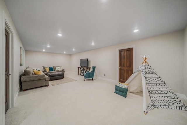 game room featuring recessed lighting, baseboards, and carpet