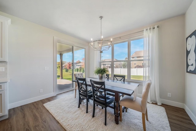 dining room featuring dark wood finished floors, a healthy amount of sunlight, and baseboards