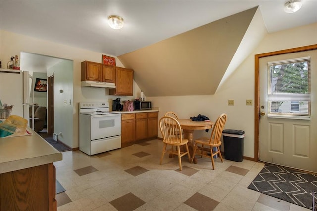 kitchen with lofted ceiling and white range with electric cooktop