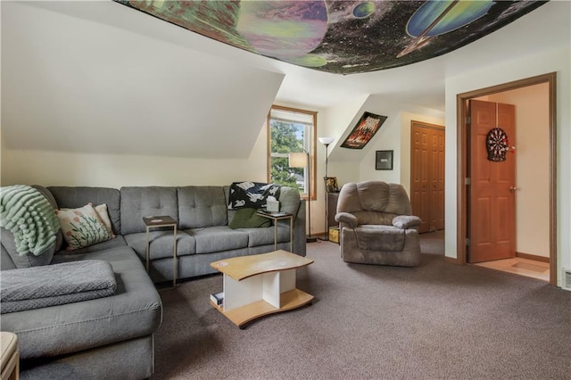 living room featuring lofted ceiling and carpet floors