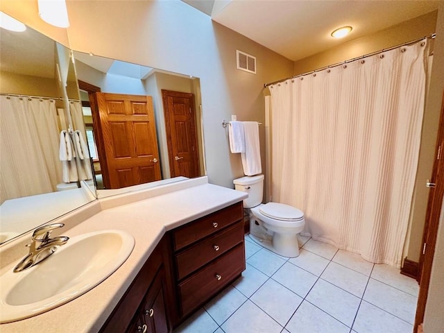 full bath with tile patterned floors, visible vents, toilet, and vanity