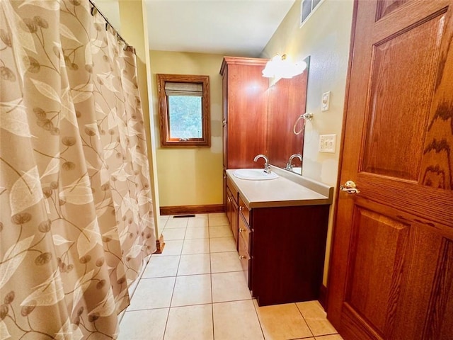 full bath featuring tile patterned flooring, visible vents, vanity, and baseboards