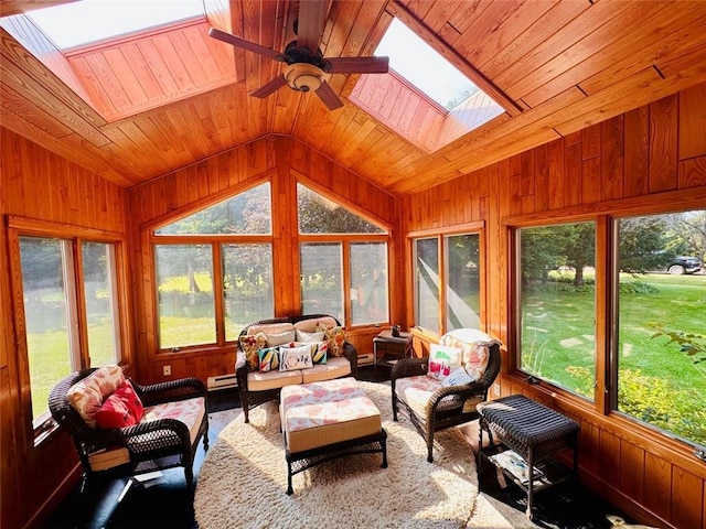 sunroom / solarium with lofted ceiling with skylight, baseboard heating, wood ceiling, and a ceiling fan