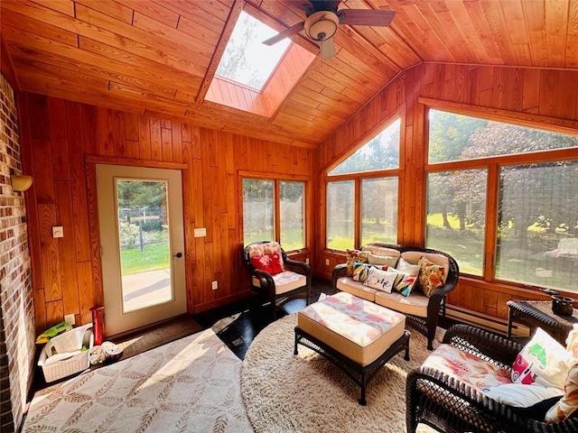 sunroom with lofted ceiling with skylight, wooden ceiling, and ceiling fan