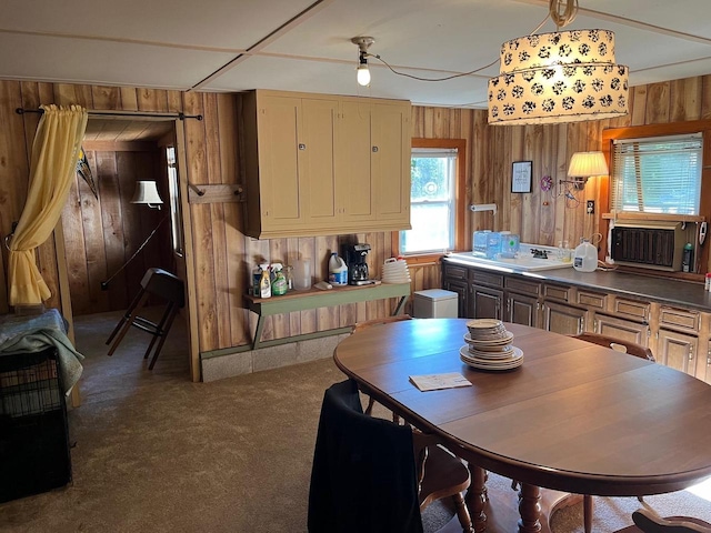 kitchen with wood walls and dark colored carpet